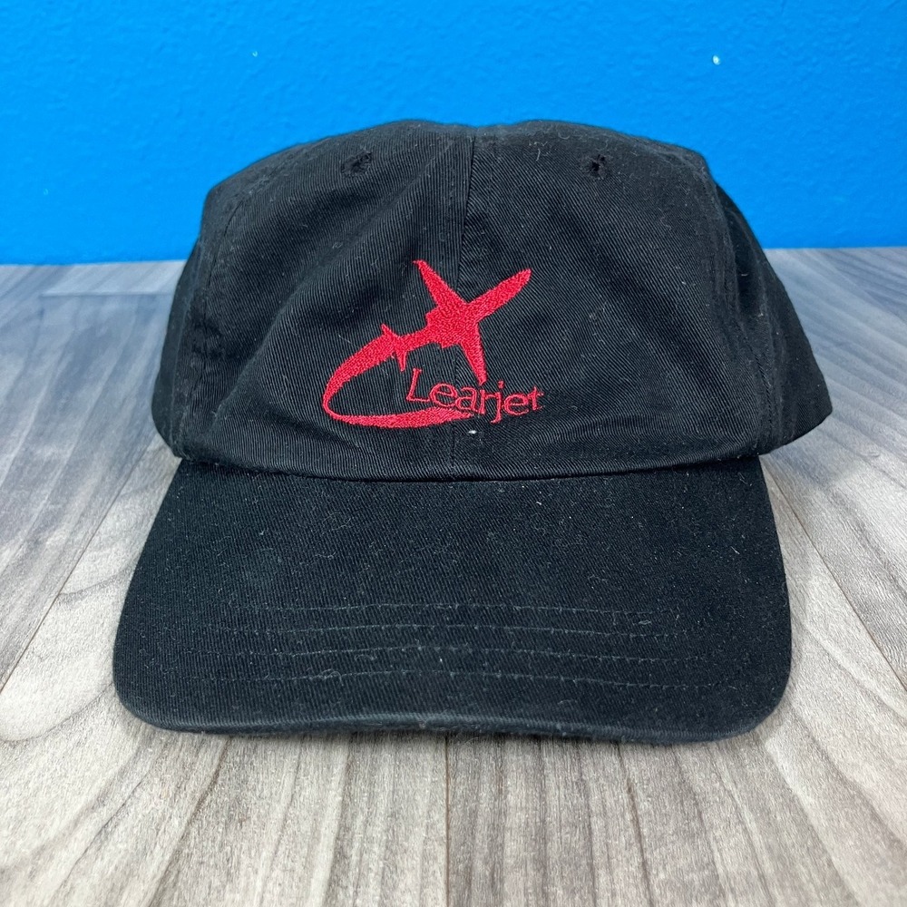 Vintage Learjet Hat Baseball Cap Men's Adjustable Black Red Logo Leather Strap‎